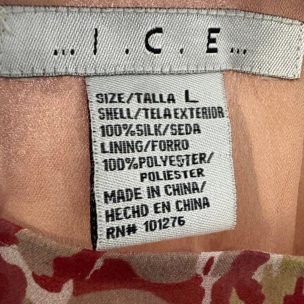 ICE Silk Top L Floral Asymmetrical Ruffle Cami Pink Red Beaded Fairy Ethereal - Picture 2 of 4